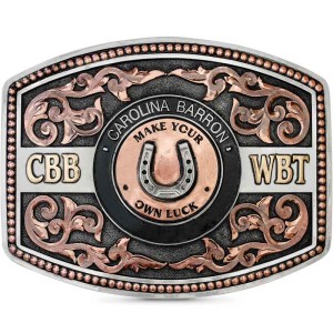 A custom belt buckle for men featuring a horseshoe figure and personalized lettering with copper scrolls 